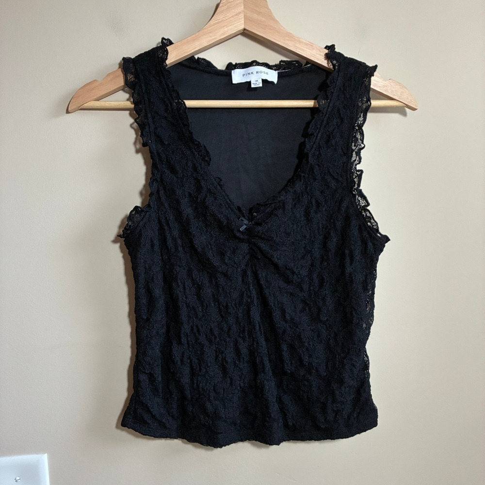 Pink Rose Lace V-Neck Cami Tank Top Medium Black Women Ruffle Trim Bow
